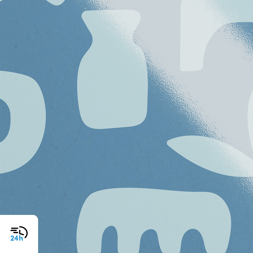 A close-up of a glossy business card, with a 24-hour delivery icon in the corner.