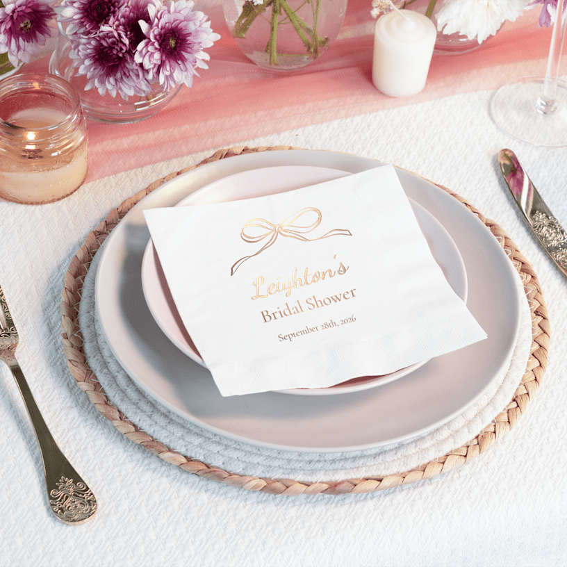 A foil napkin customized for a bridal shower.