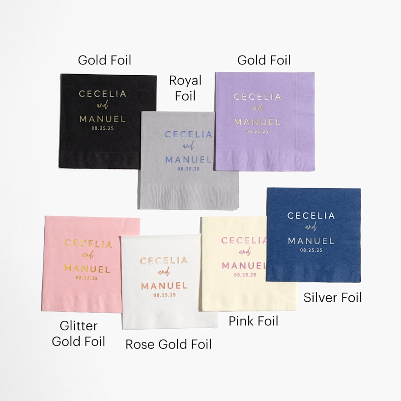 An assortment of foil napkins printed with different base colors and foil colors.