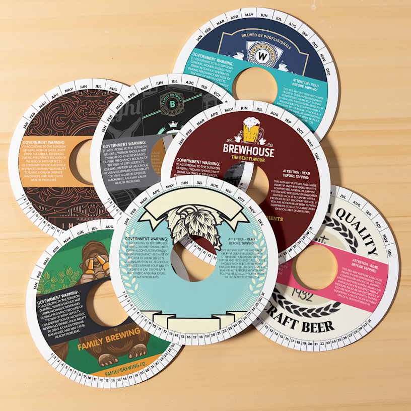 A variety of keg collars displayed on a surface.