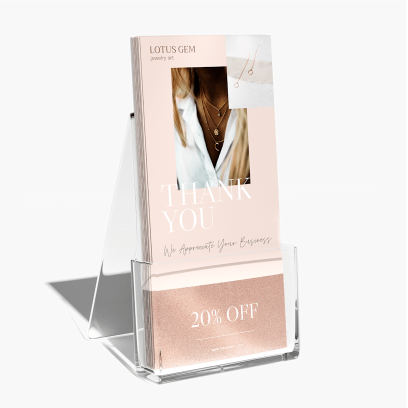 Rack cards from an artisan jewelry company with a soft, glittery foil accent offering customers 20% off as a thank you.