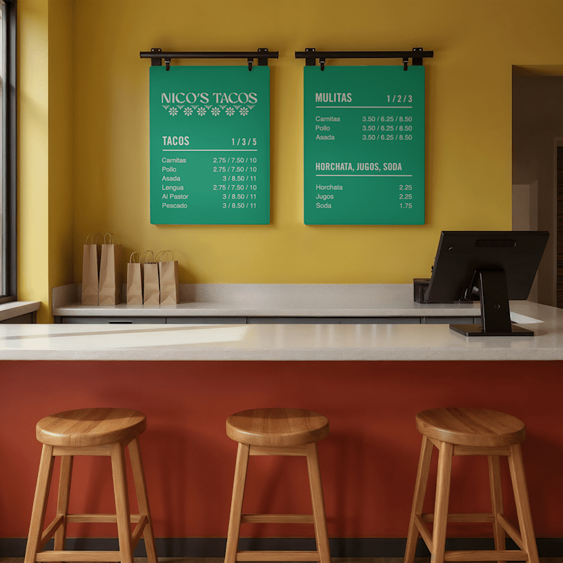 2 orange menu boards side by side sharing the menu details for a taco restaurant.
