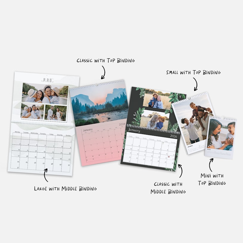 Five photo wall calendars in a variety of sizes and styles. A note lists out the sizes; Classic with Top Binding, Small with Top Binding, Large with Middle Binding, Classic with Middle Binding and Mini with Top Binding.