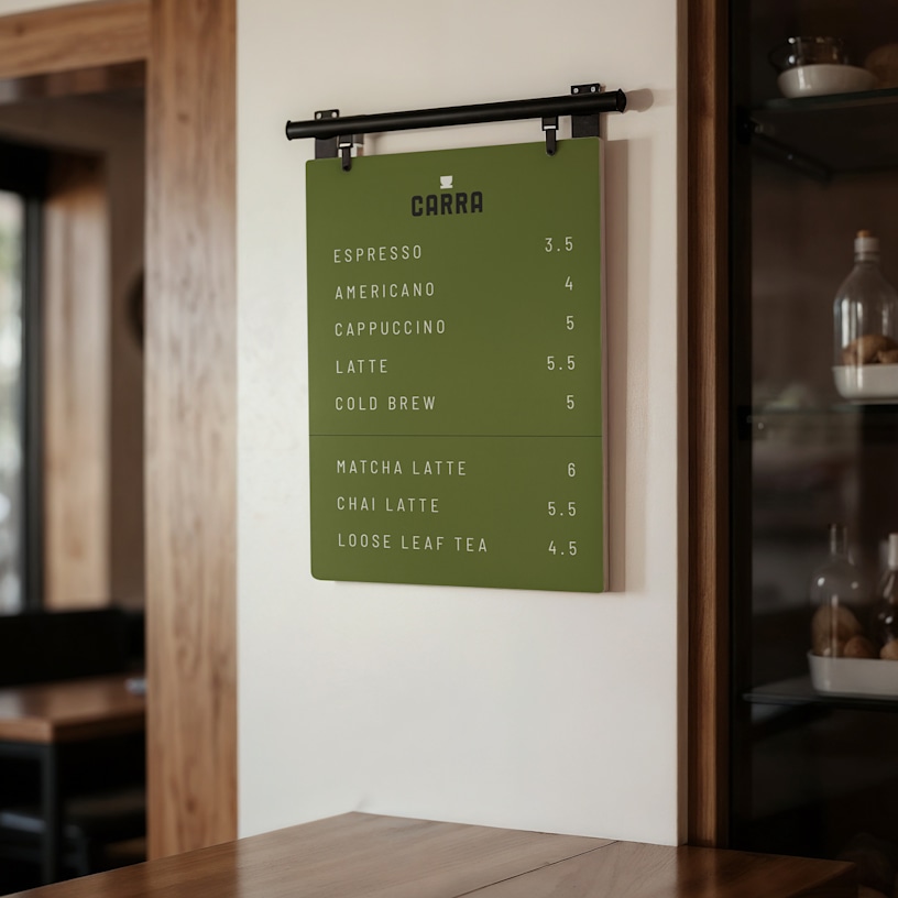 A menu board showing a menu for a coffee shop with pricing.