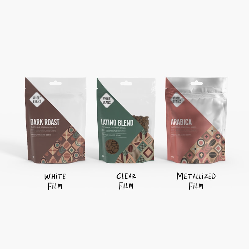 An image of a variety of coffees in stand-up pouches, featuring white, clear and metallized materials.
