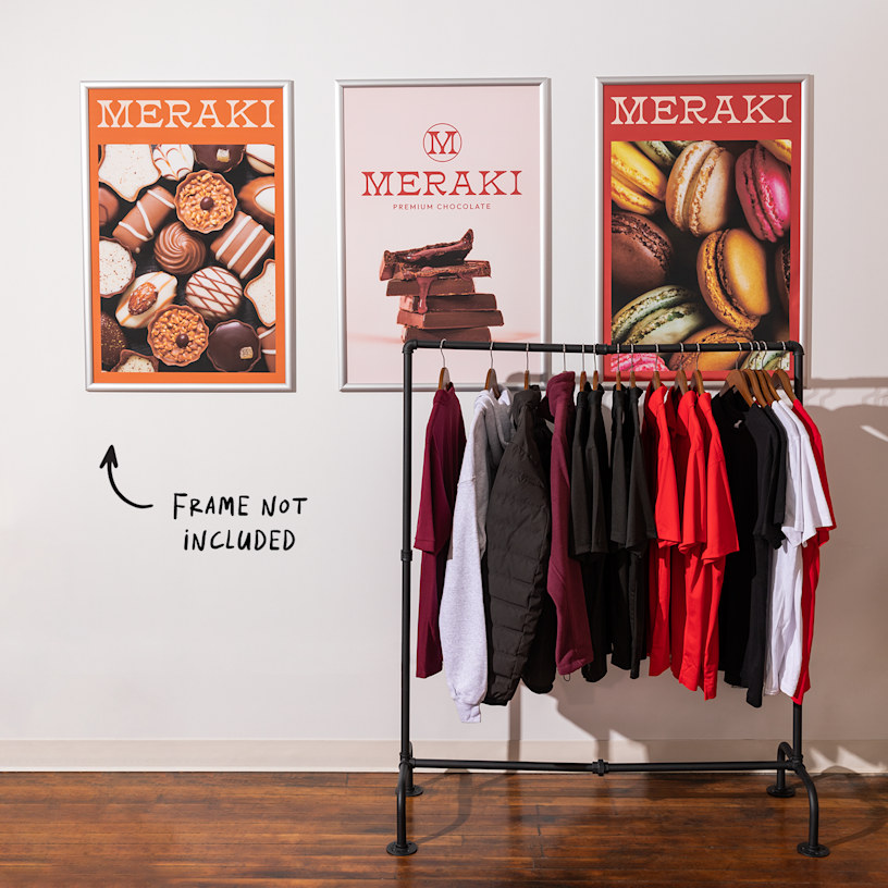 3 framed posters featuring a variety of chocolates with the text “frame not included.