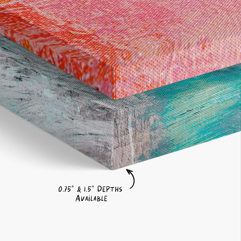 Two canvases stacked on top of each other printed with landscape images, with a note saying there are 0.75" and 1.5" depths available.