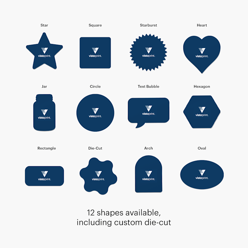 The available sticker shapes, including star, square, starburst, heart, jar, circle, text bubble, hexagon, rectangle die-cut, arch and oval, with a note that reads, “12 shapes available, including a custom die-cut option.”