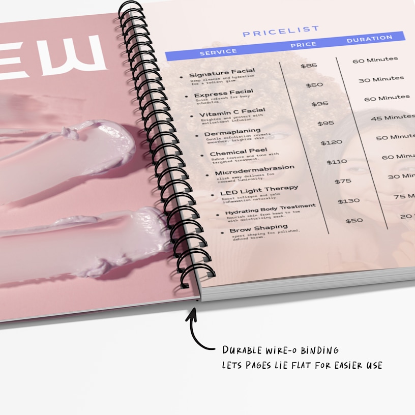 An open wire-bound booklet showing a beauty services price list, with a note that the booklet features a durable wire-o binding that lets the pages lie flat for easier use.