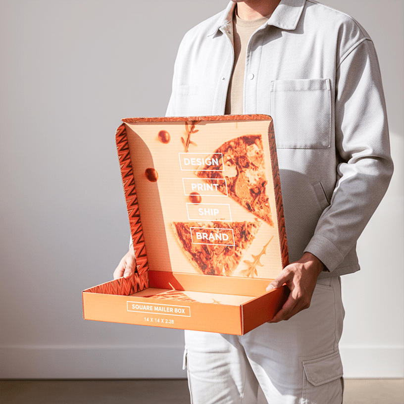 2 brightly colored square mailer box samples.