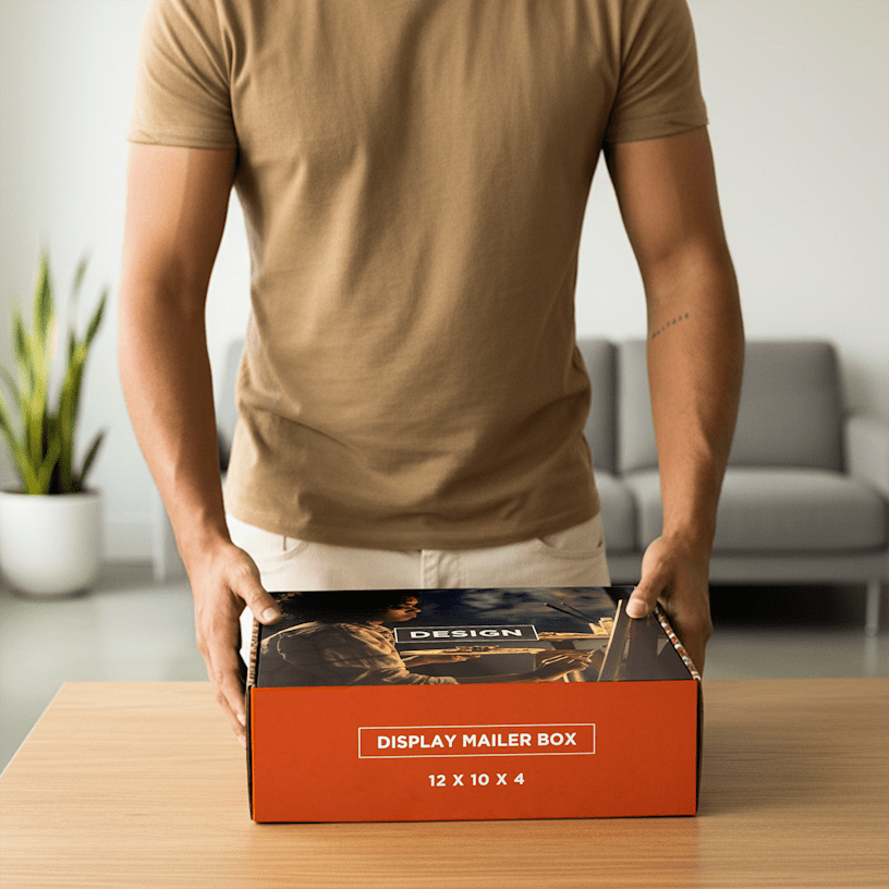 A brightly colored mailer box sample that is open