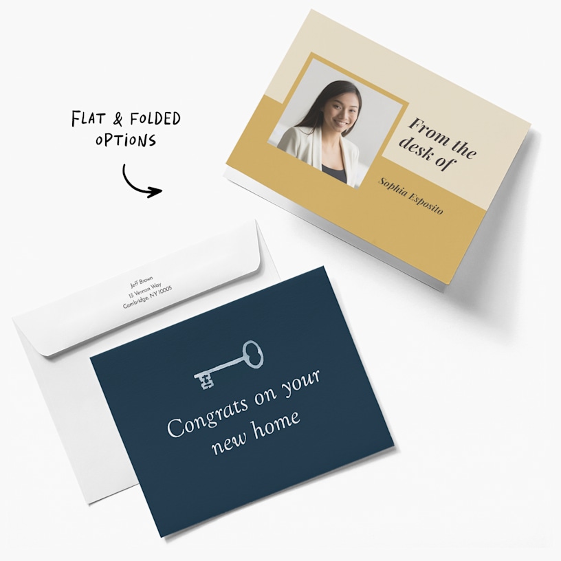 Two business note cards, one from an accounting specialist and one from a realty company. A note says that both flat and folded options are available. 