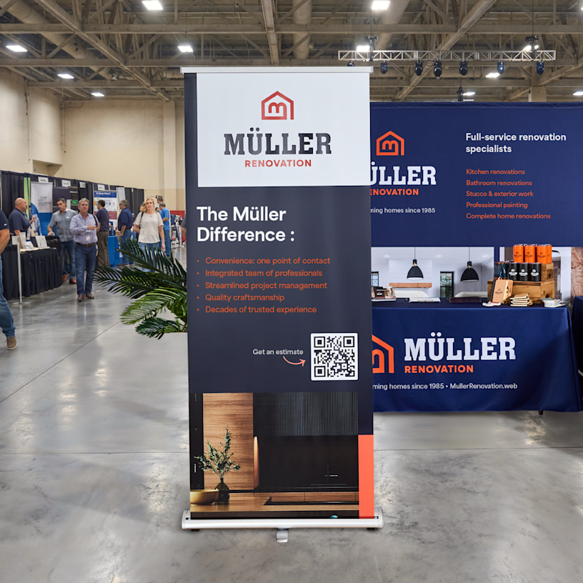 A retractable banner promoting a home renovation business. 