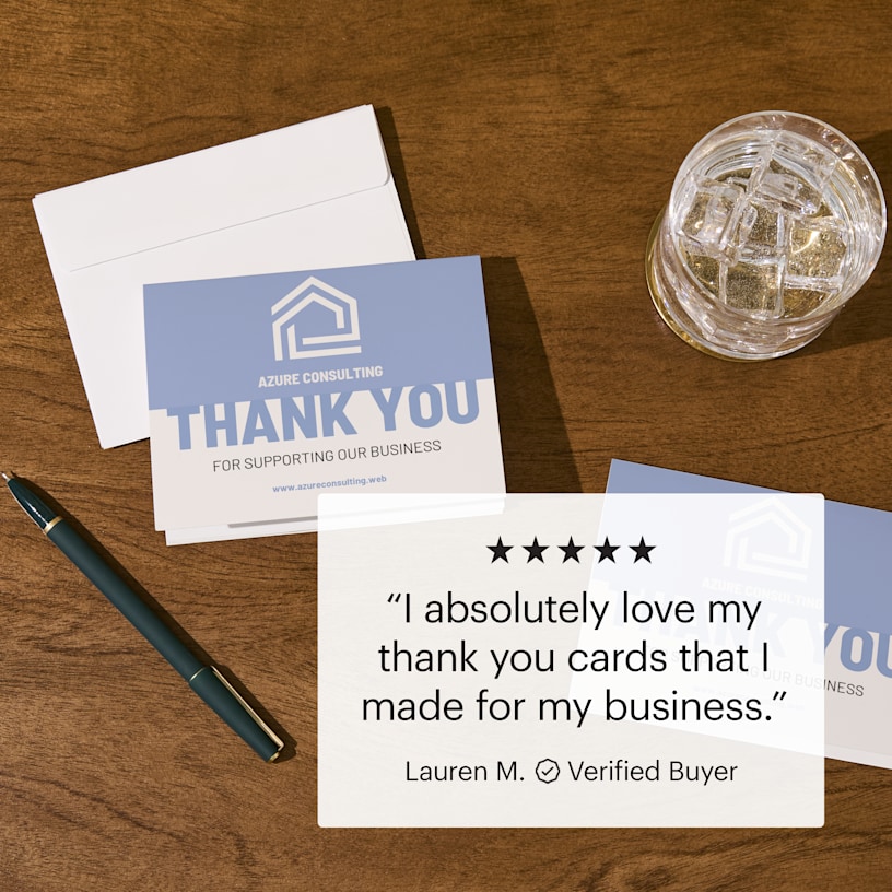 A thank you card with a 5-star customer review that says “I absolutely love my thank you cards that I made for my business.” 