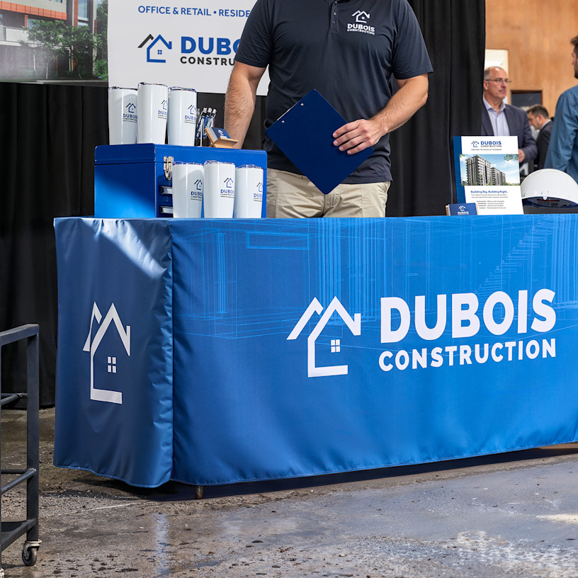A custom tablecloth promoting a construction business.
