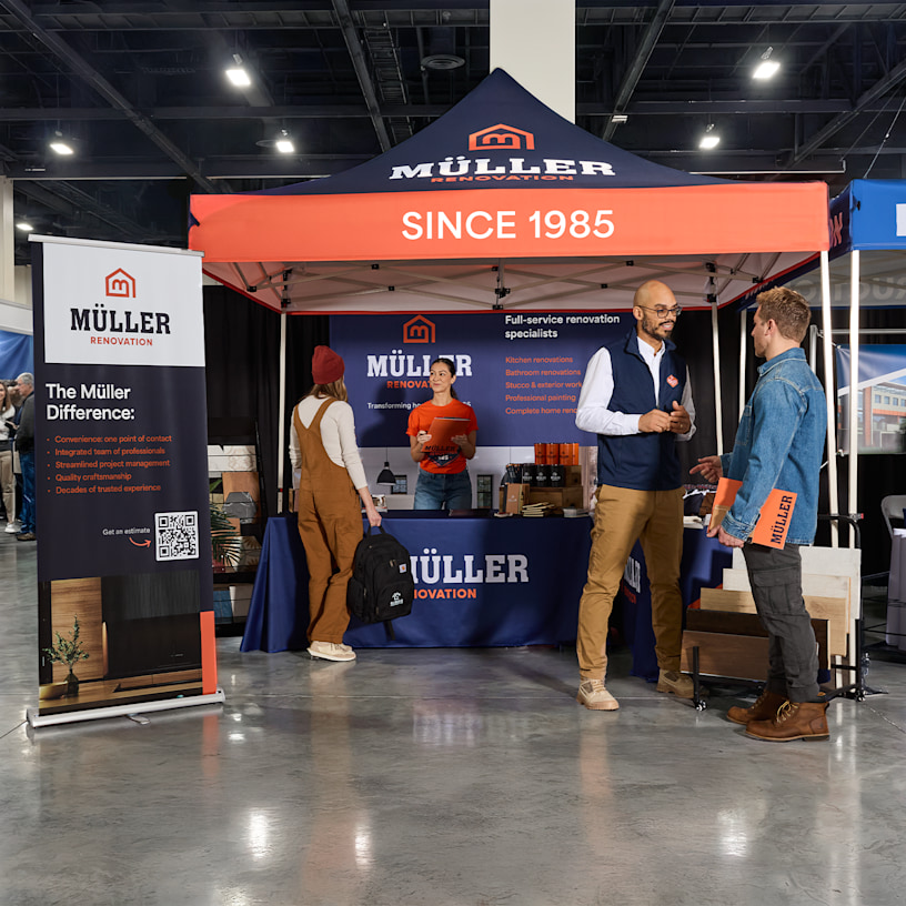  A custom canopy tent promoting a home renovation business.