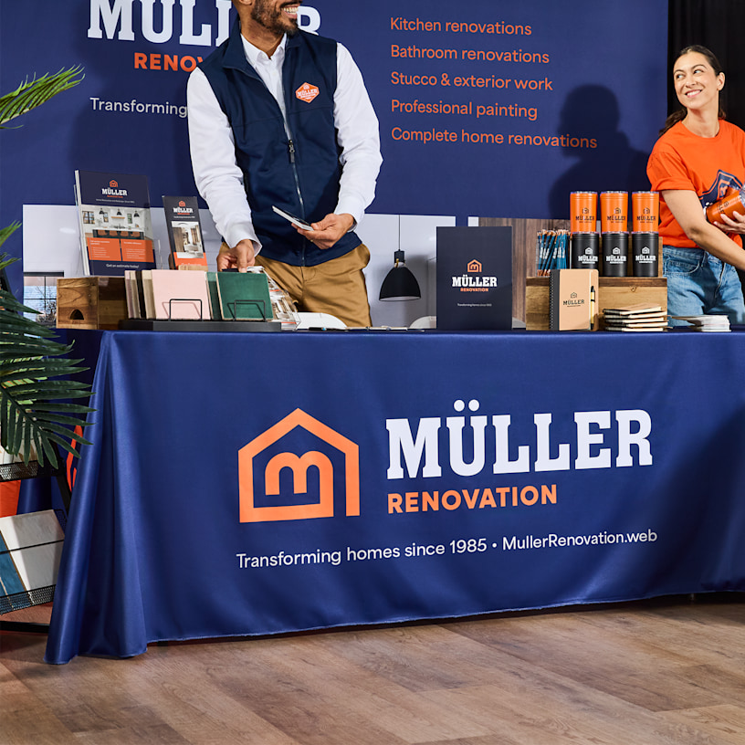 A custom tablecloth promoting a home renovation business.