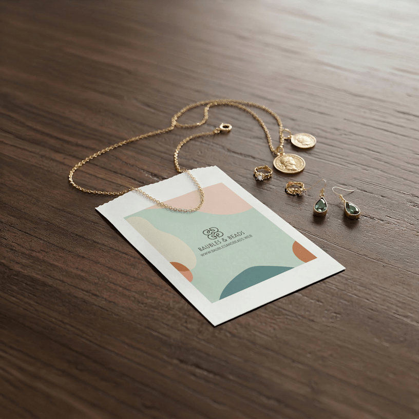 A white custom merchandise paper bag for a jewelry store with a necklace and earrings next to it.