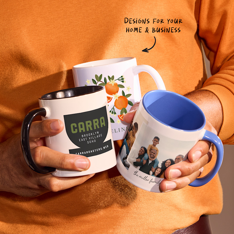 Three custom mugs with different colors and designs, with a note that says you can customize for your home or business. 