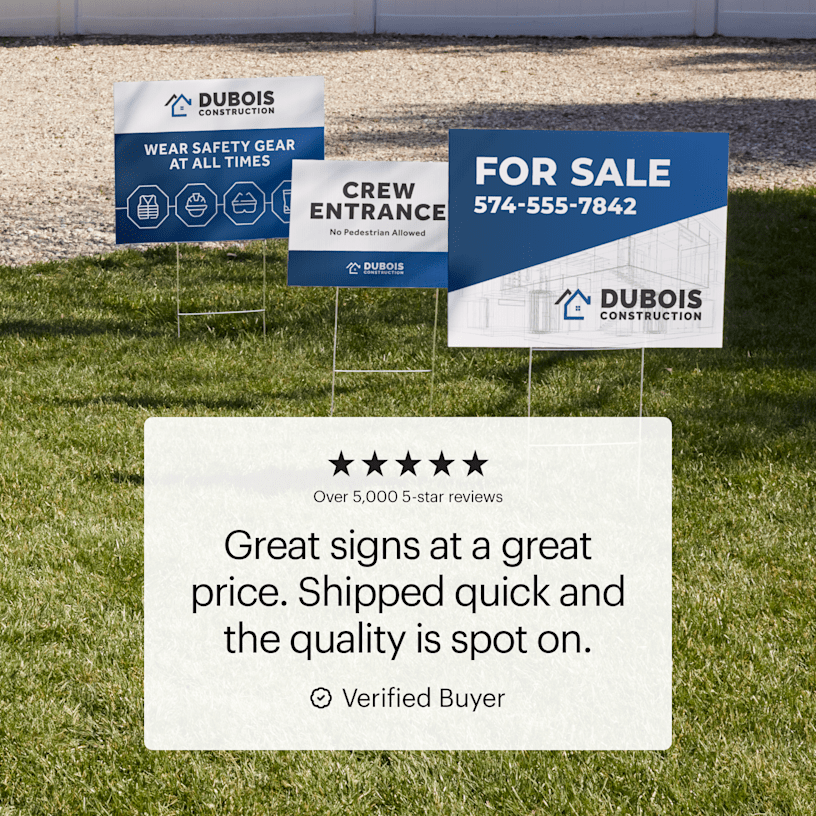 3 yard signs on stands in the grass – all promoting a construction company. A featured customer quote showcases the great pricing, fast shipping and high quality.