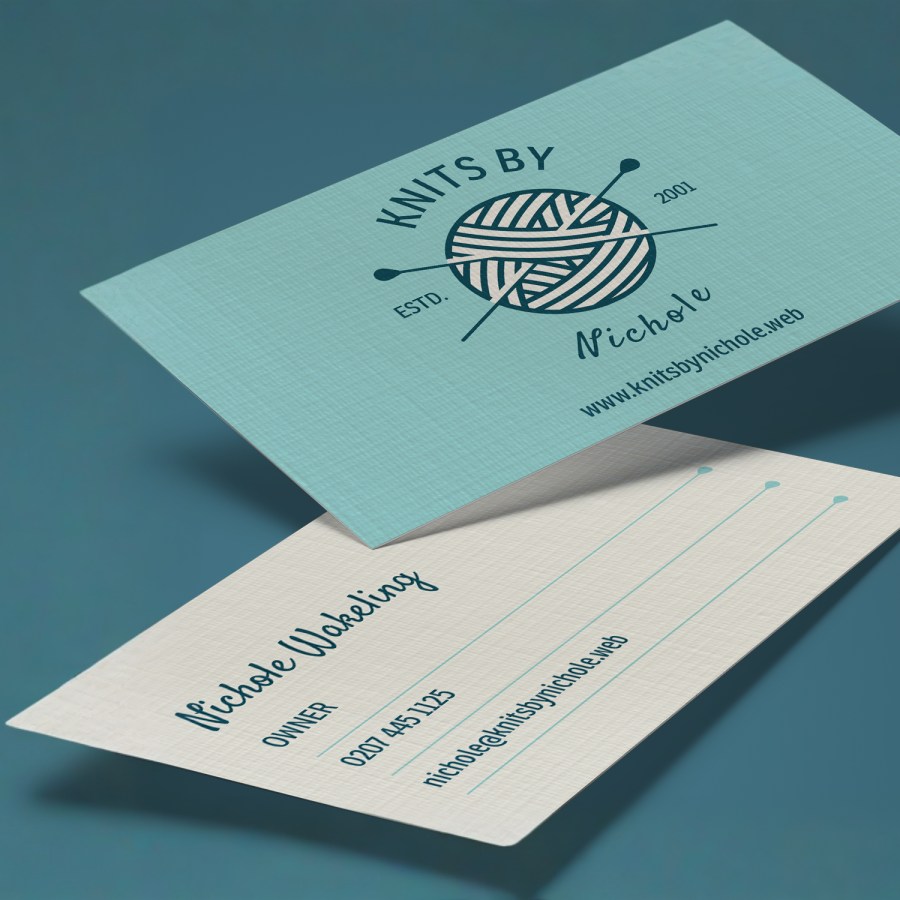 Design for the front and back of linen business cards for a knit shop owner.