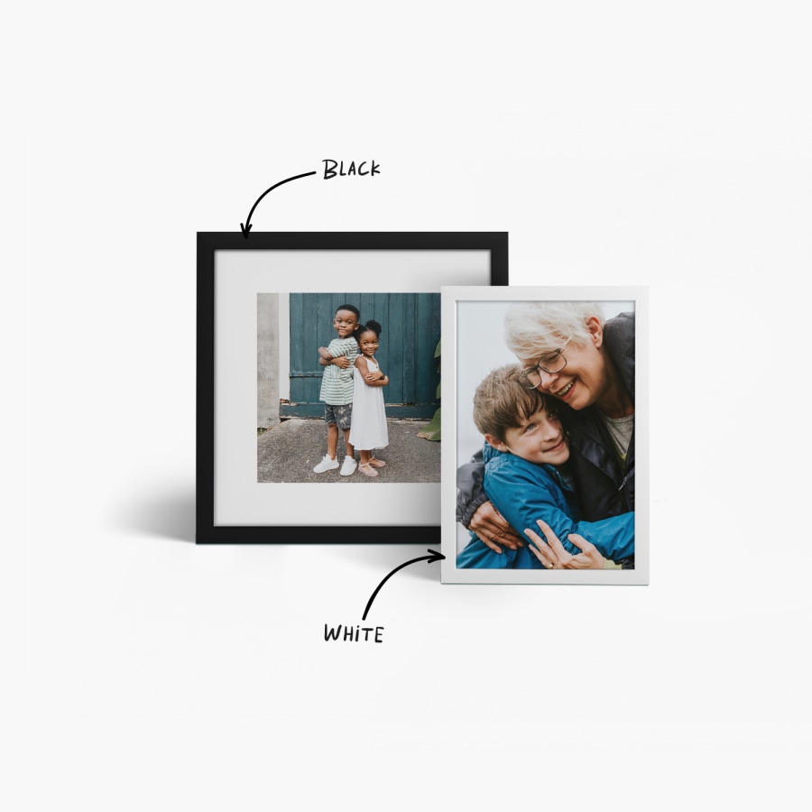 One black framed print with a white border, and one white framed print with no border, both featuring family photos. Notes point to the black and white frame.