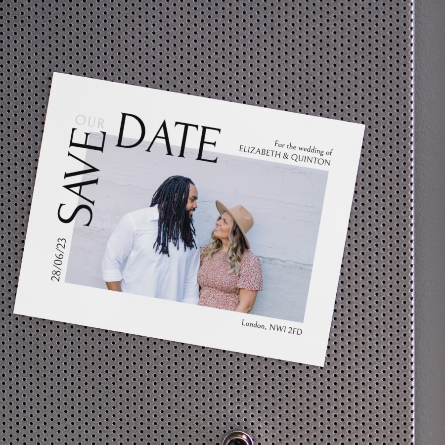 A magnetic save the date featuring a photo of a couple. 