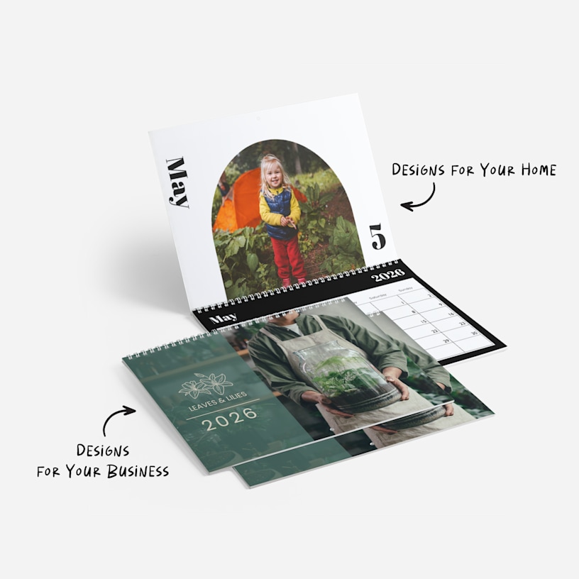 2 personalised wall calendars featuring photos. Notes highlight options for home and for business. 