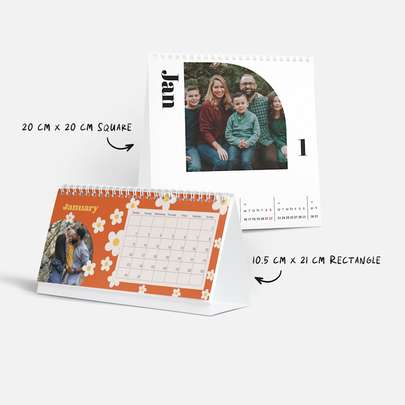 A square desk calendar and a rectangular desk calendar featuring photos with a note that the measurements are 20 centimetres by 20 centimetres and 10.5 centimetres by 21 centimetres. 