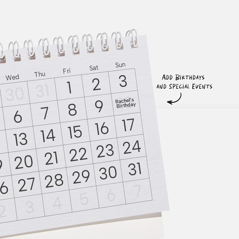 A calendar grid, with a note that you can add birthdays and special events to your custom calendar. 