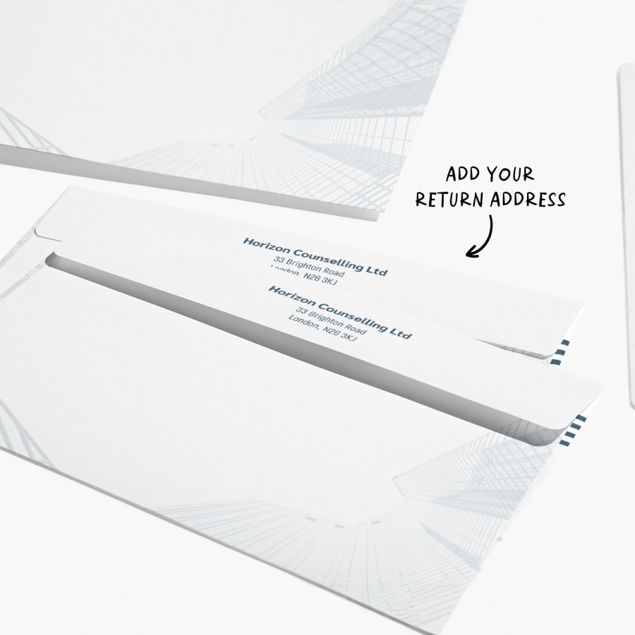 Business envelopes printed with the address of a counselling service on the flap, with a note that you can add your return address. 