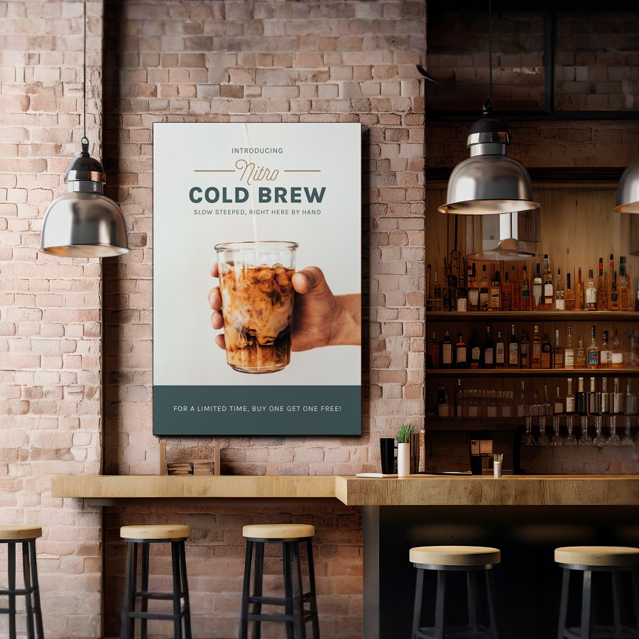 A fabric frame in a coffee shop promoting their latest addition to their menu.