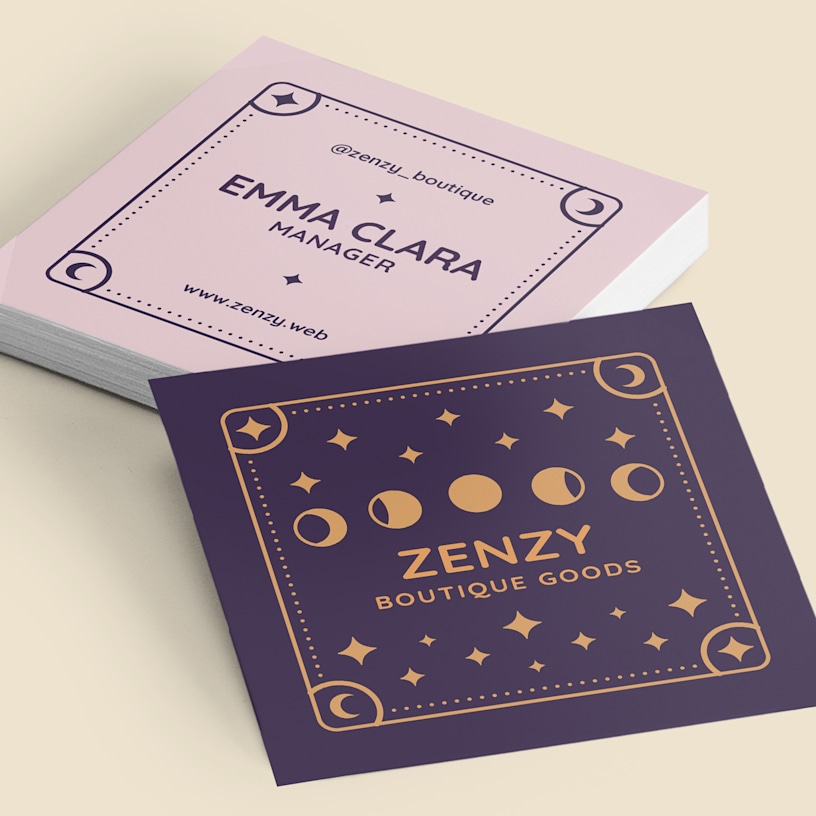 Front and back views of square business cards, designed for a boutique goods company manager.