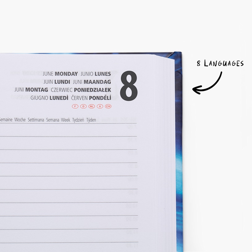 A close-up of an open, hardcover diary. There’s a note that there are 8 languages featured on the pages.