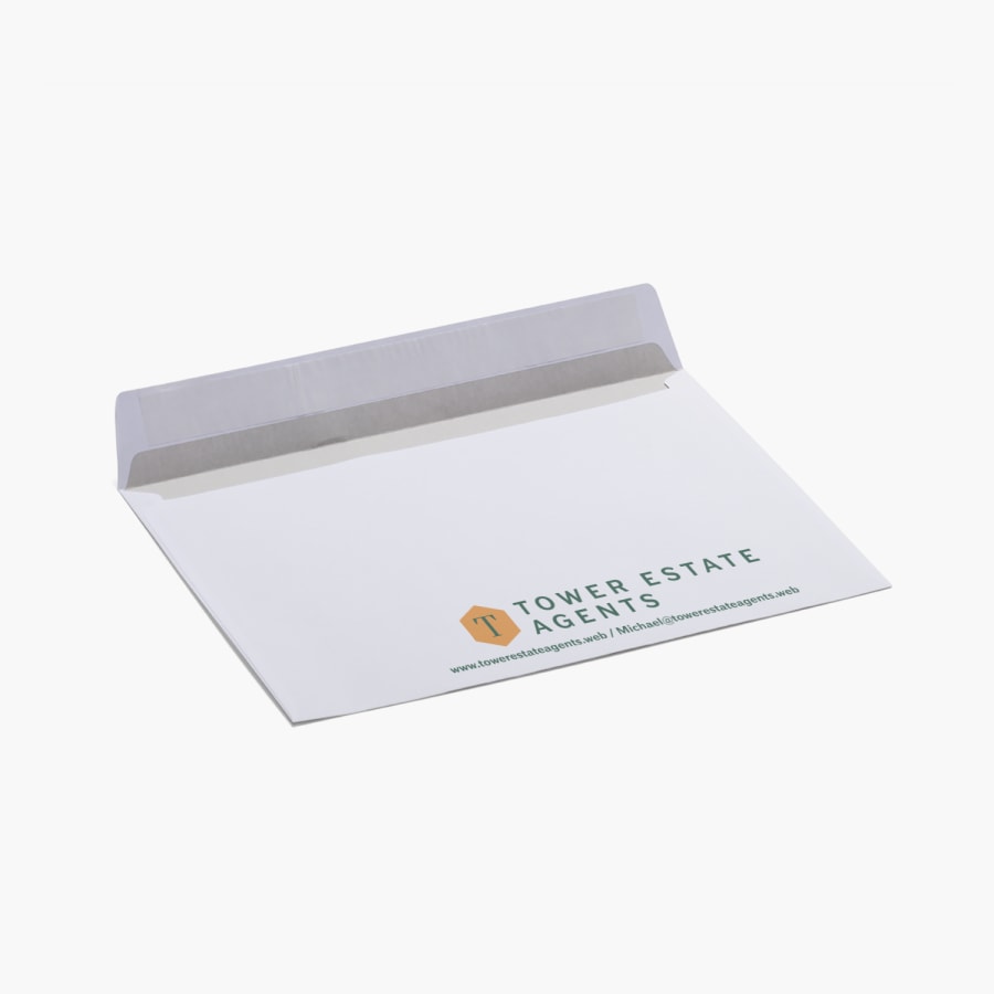 An open business envelope showing the business logo and web address printed on the reverse side.