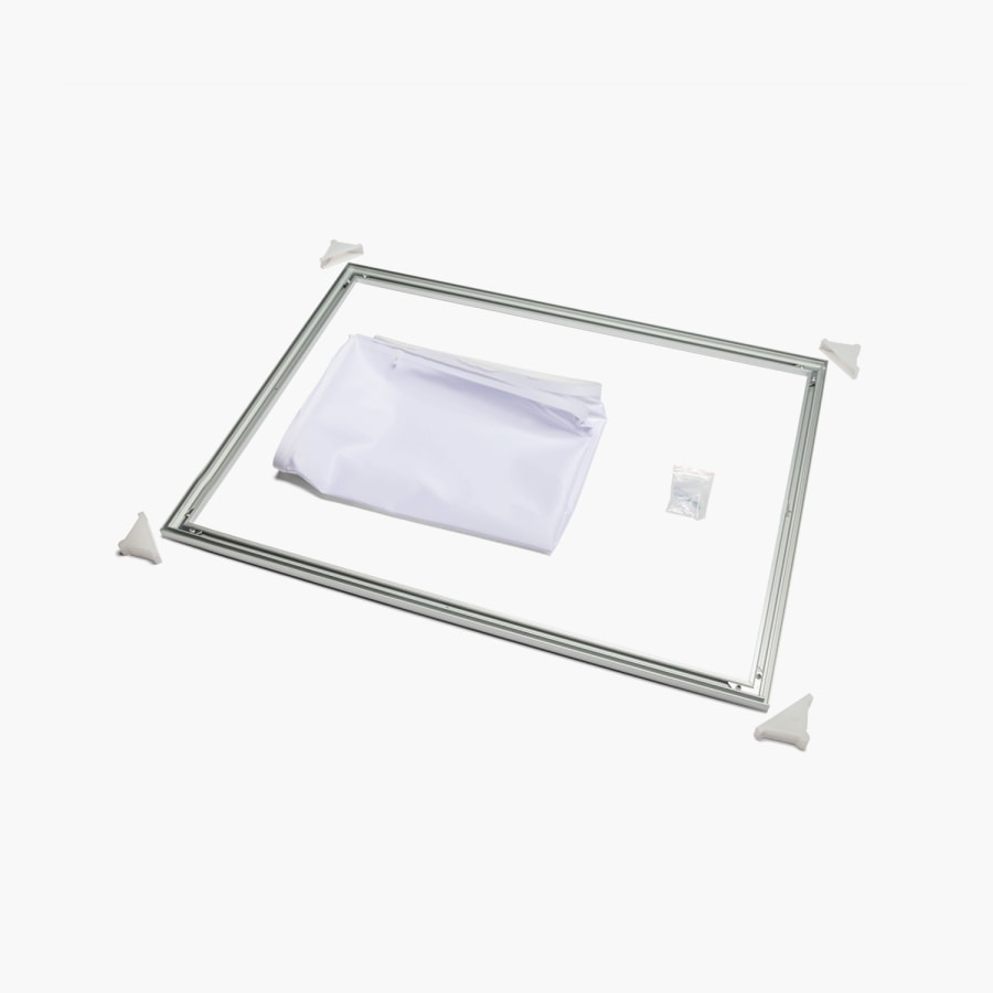 An unassembled fabric frame with all the pieces laid out.