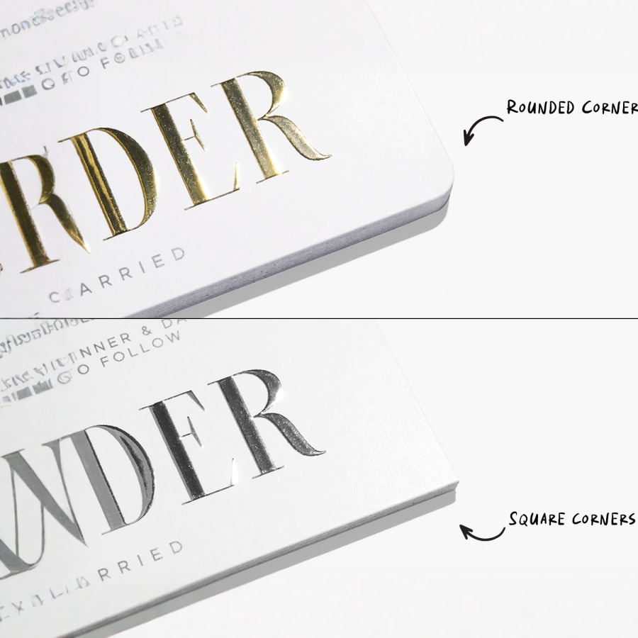 Gold and silver raised foil business cards are displayed, highlighting rounded and square corners, respectively.