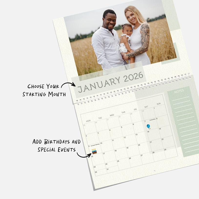 A personalised monthly wall calendar featuring a photo of a family. Notes highlight that you can customise your calendar’s starting month and add special dates.  