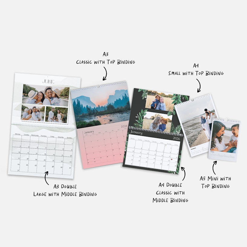 A variety of wall calendars with personalised photos, in a variety of sizes and designs. Notes highlight different size options. 