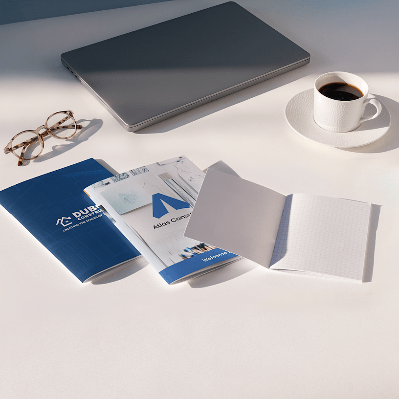 Custom branded notebooks with company logos displayed on white desk alongside laptop, glasses, and coffee cup.