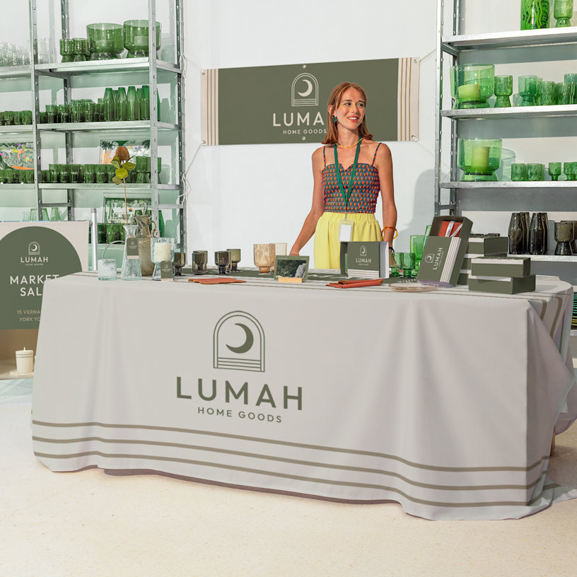 custom rectangle tablecloth for a beauty brand at an event 