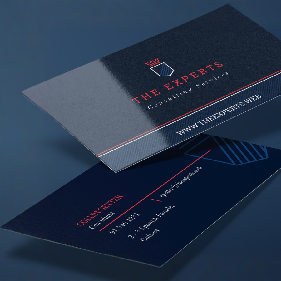 Glossy business cards for a consulting services company, shown from both front and back.