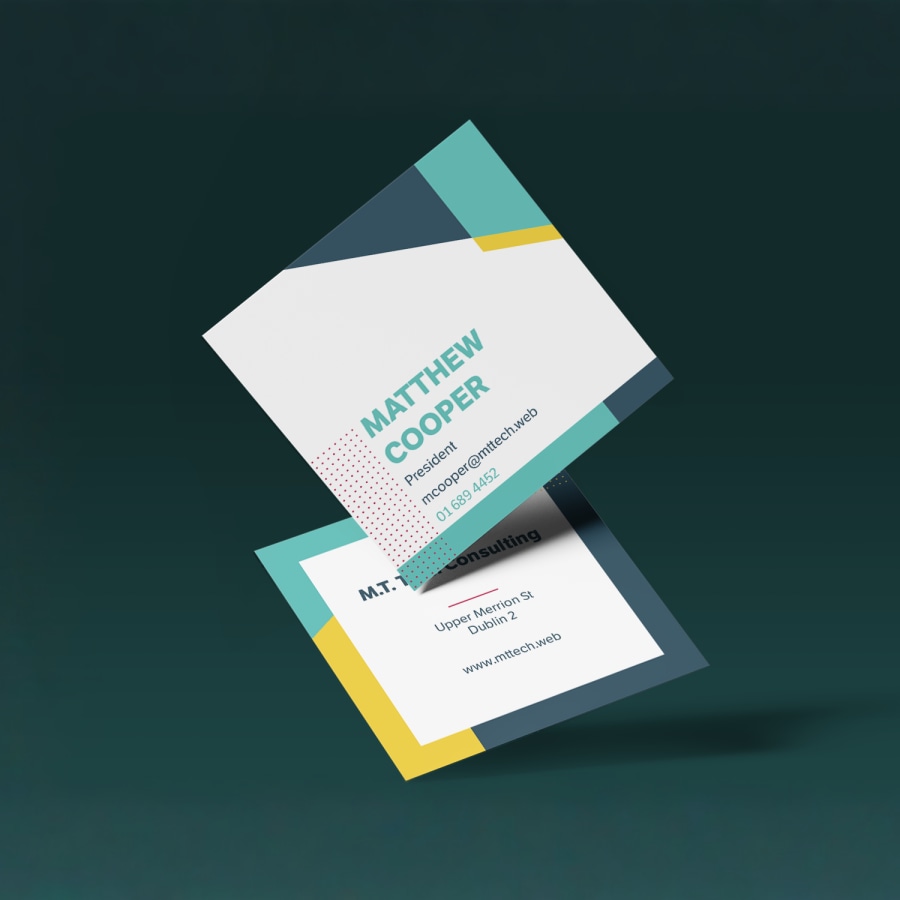 Front and back views of square business cards for a person named Matthew Cooper.