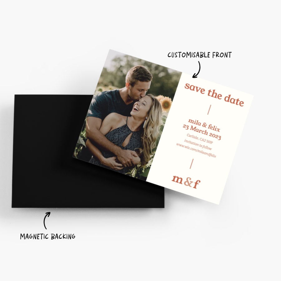 A save the date magnet featuring a photo of a couple embracing, with a note that the front is customisable and the back is magnetic. 