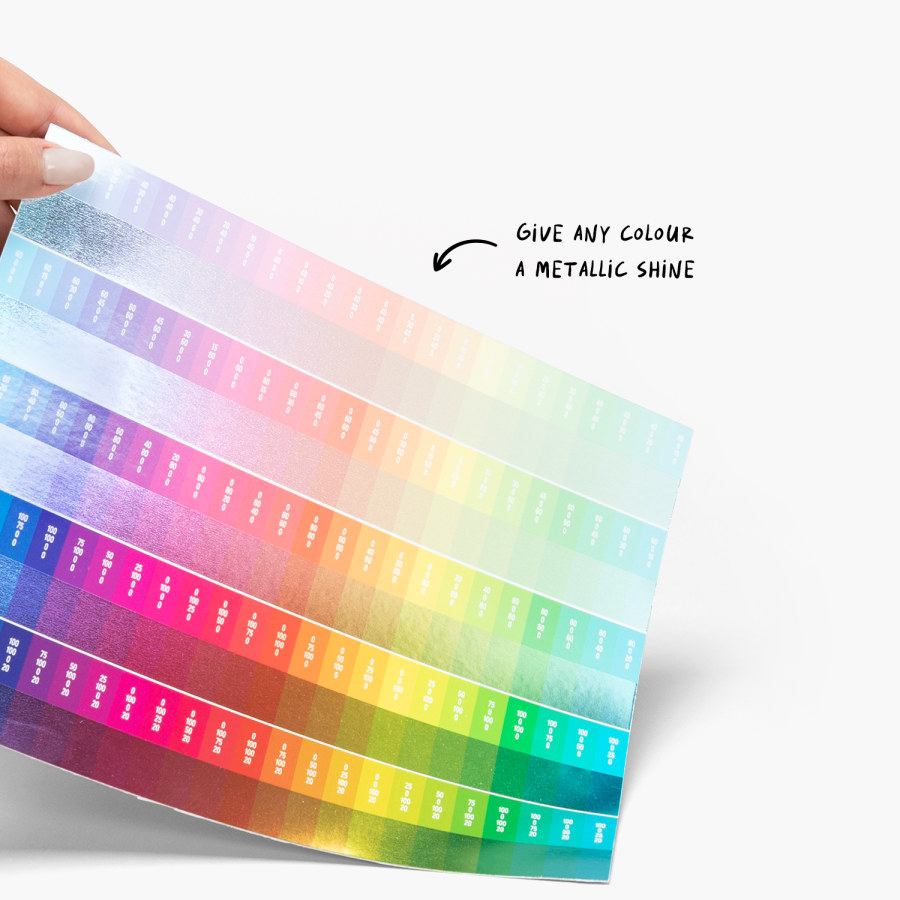 A hand is holding a colour palette, indicating that customers can choose any colour to add a metallic shine.