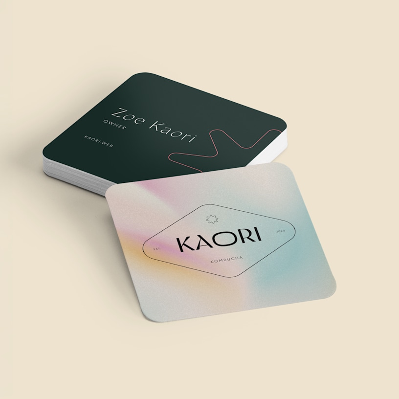 Front and back view of square business cards with rounded corners for a craft beverage company.