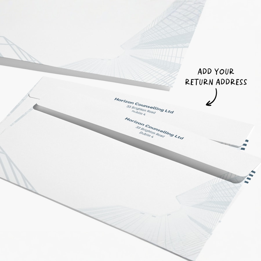 Business envelopes printed with the address of a counselling service on the flap, with a note that you can add your return address. 
