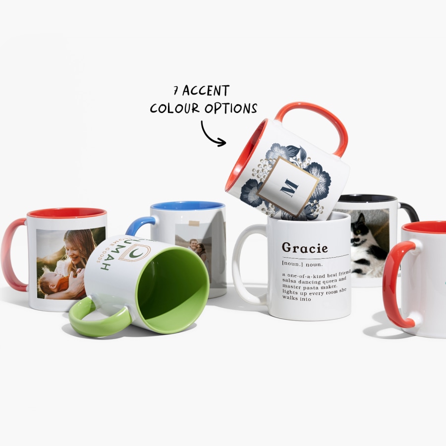 A collection of 7 custom mugs with photos and designs, with a note that there are 8 accent colour options available. 
