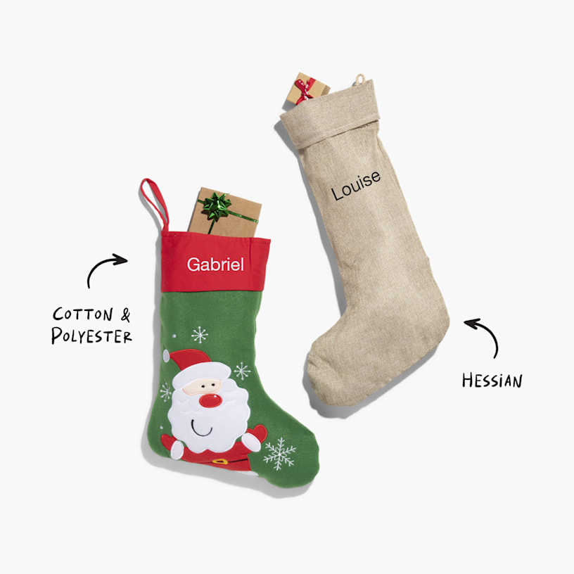 Personalised Christmas stockings in red and green cotton with Santa design and natural burlap style, custom printed with names.