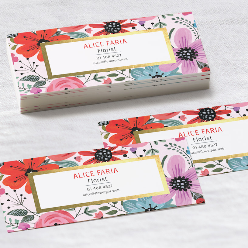 A set of slim personal business cards for a florist.